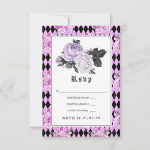 Black Purple and Silver Floral Gothic Wedding RSVP Card