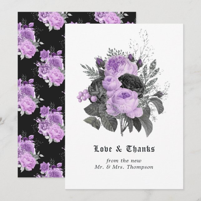 Black, Purple and Silver Floral Gothic Wedding Thank You Card (Front/Back)