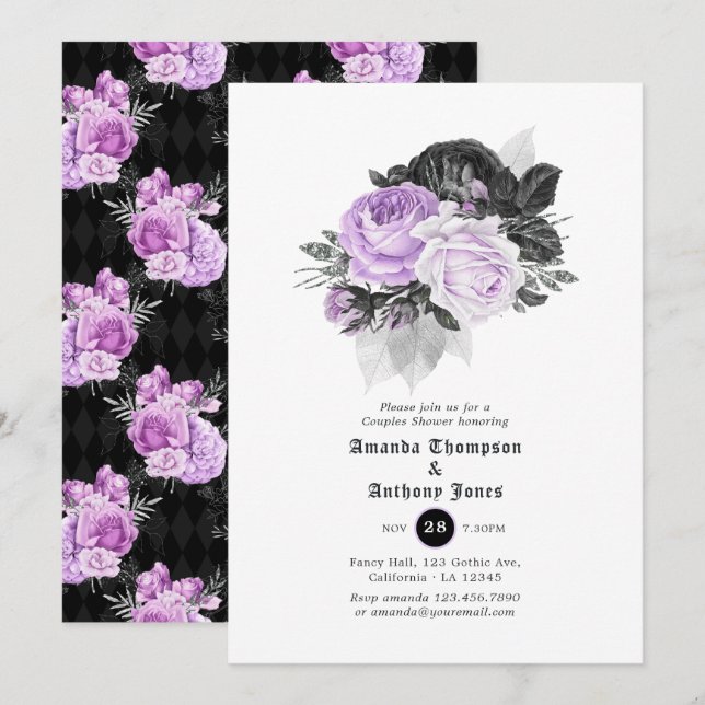 Black, Purple and Silver Gothic Couples Shower Invitation (Front/Back)