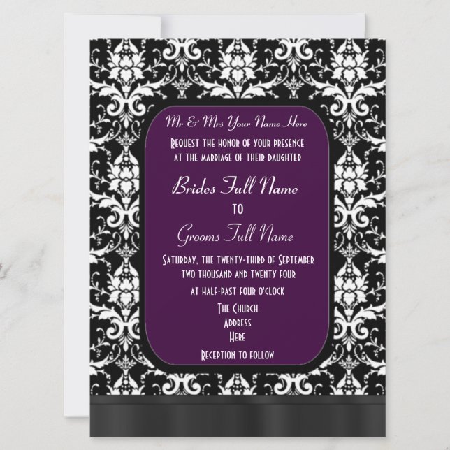 Black, purple and white damask wedding invitation (Front)