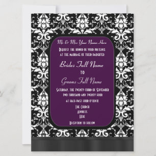 Black, purple and white damask wedding invitation