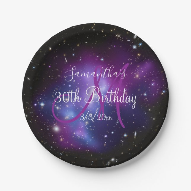 Black Purple and White Galaxy Celestial Birthday Paper Plate (Front)