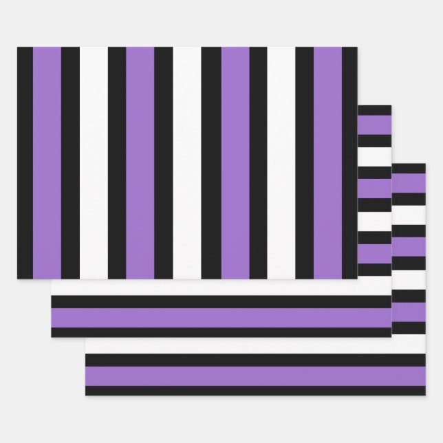 Black, Purple and White Stripes Wrapping Paper Sheet (Set)