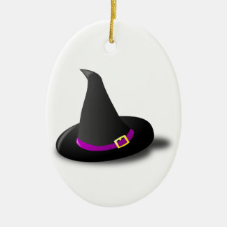 Black, Purple, and Yellow Witch Hat with Bent Tip Ceramic Tree Decoration