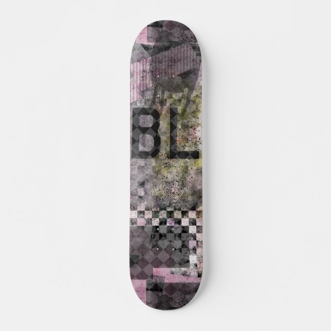 Black purple b collage art on skateboard (Front)