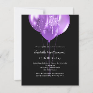 Black purple balloons birthday invitation