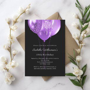 Black purple balloons birthday invitation