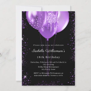 Black purple balloons birthday  invitation