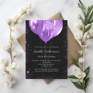 Black purple balloons birthday  invitation postcard