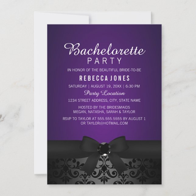 Black & Purple Bow Bachelorette Party Invite (Front)