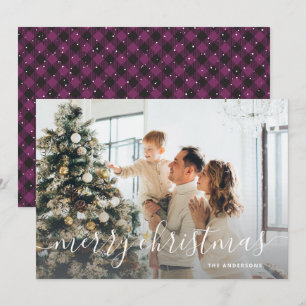 Black Purple Buffalo Plaid Photo Merry Christmas Holiday Card