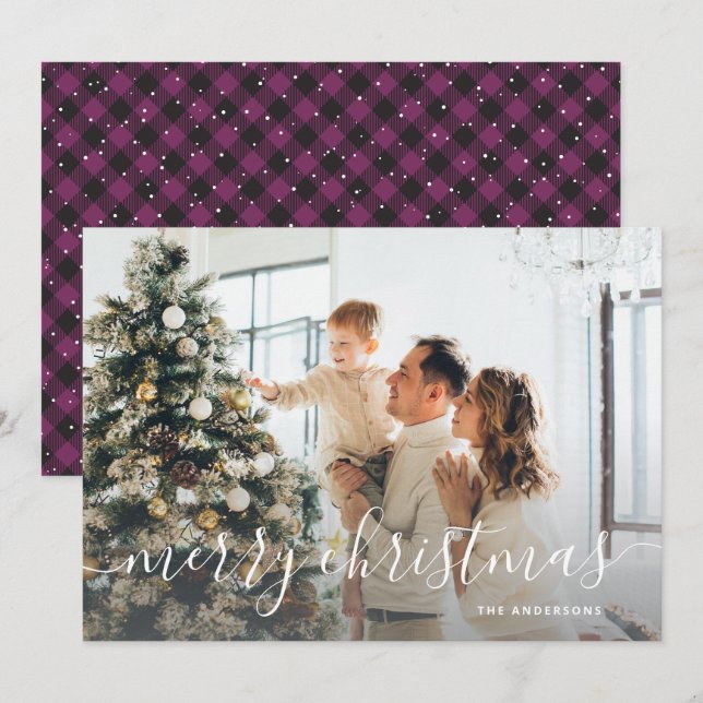 Black Purple Buffalo Plaid Photo Merry Christmas Holiday Card (Front/Back)