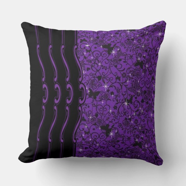 Black & Purple Butterfly Floral Throw Pillow (Front)