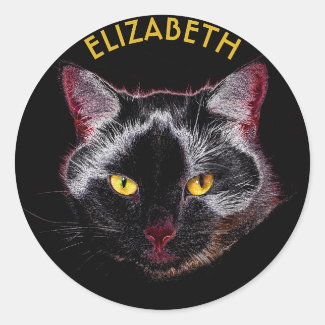 Black Purple Cat Drawing With Yellow Eyes Classic Round Sticker (Front)