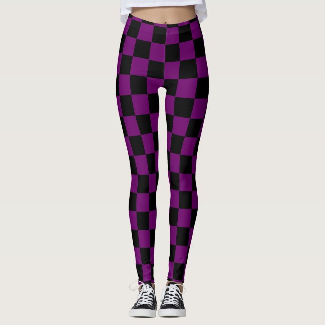 Black Purple Check Chequered Chequerboard Pattern Leggings (Front)