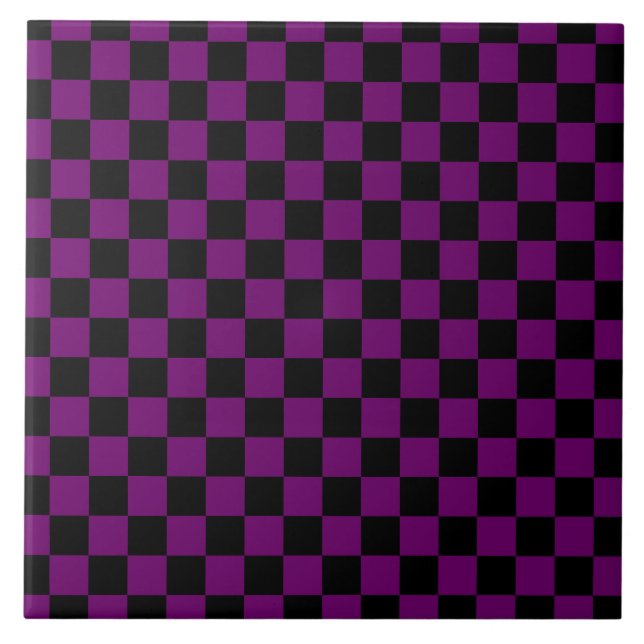 Black Purple Check Chequered Chequerboard Pattern Tile (Front)