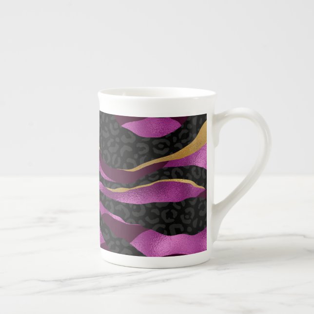Black Purple Cheetah Leopard Black Pattern Bone China Mug (Right)