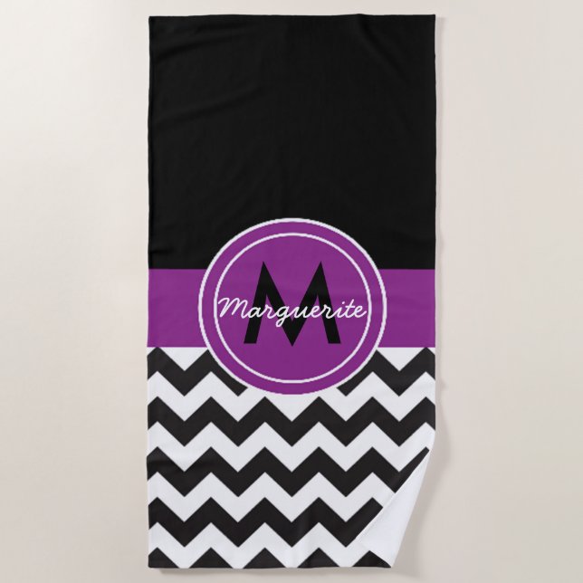Black Purple Chevron Beach Towel (Front)