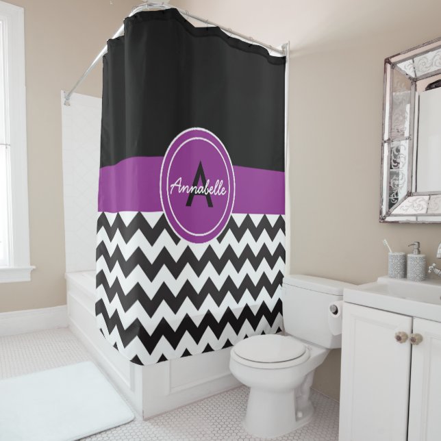 Black Purple Chevron Shower Curtain (In Situ)