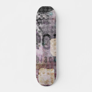 Black purple collage art on skateboard