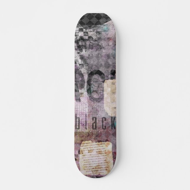 Black purple collage art on skateboard (Front)
