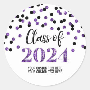 Black Purple Confetti Graduation 2024 Classic Round Sticker