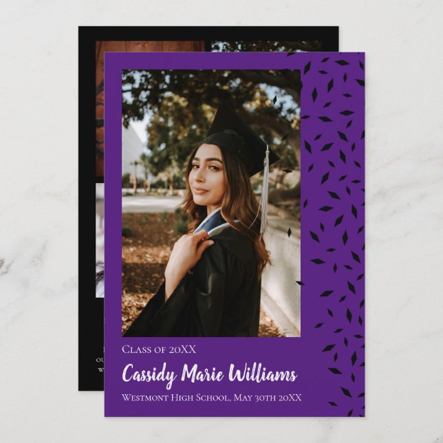 Black Purple Confetti Graduation Announcement (Front/Back)