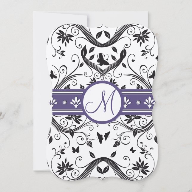 Black & Purple Damask Butterfly Wedding Invitation (Front)