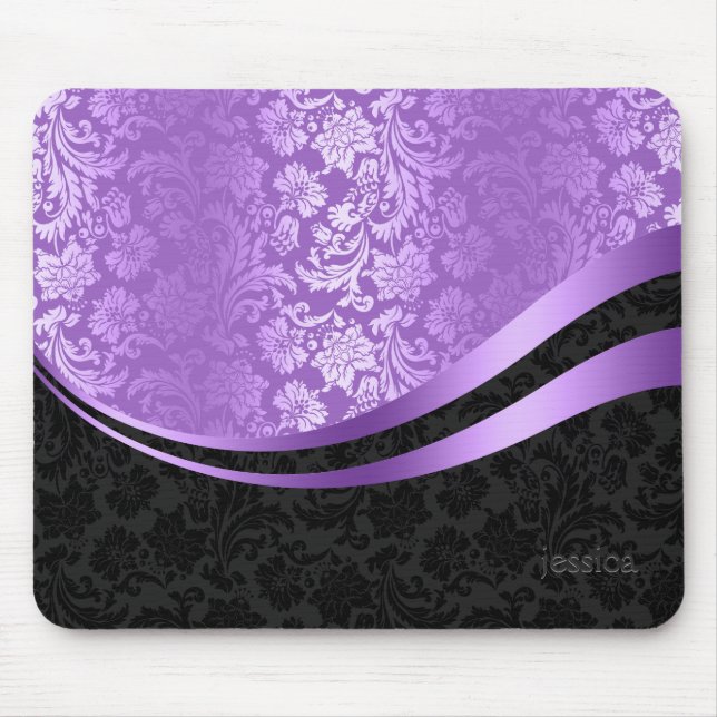 Black & purple damask dynamic stripes mouse mat (Front)