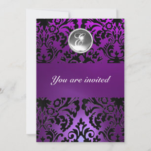 BLACK & PURPLE DAMASK GEM STONE MONOGRAM  ice Invitation