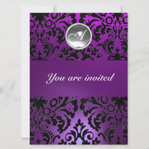 BLACK & PURPLE DAMASK GEM STONE MONOGRAM  ice Invitation
