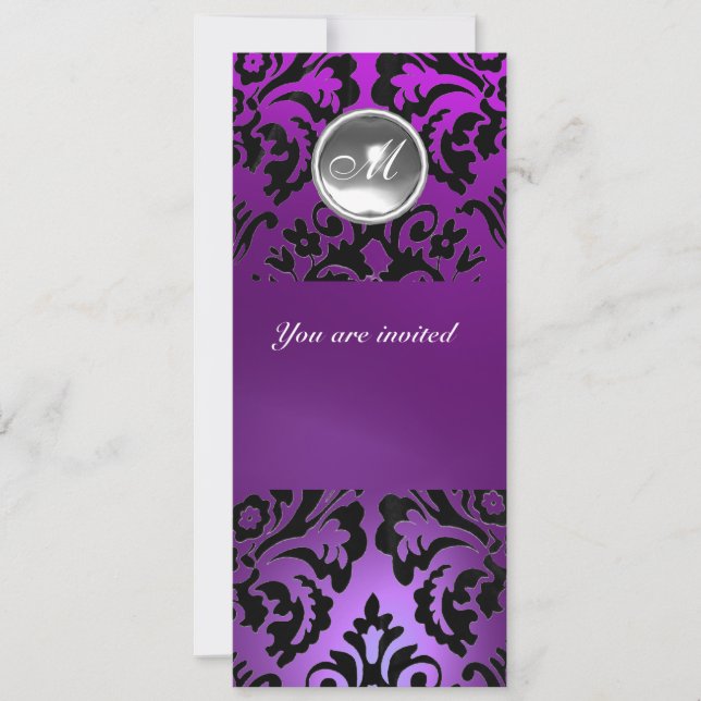 BLACK & PURPLE DAMASK GEM STONE MONOGRAM  ice Invitation (Front)