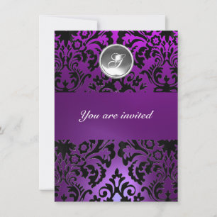 BLACK & PURPLE DAMASK GEM STONE MONOGRAM ice Invitation