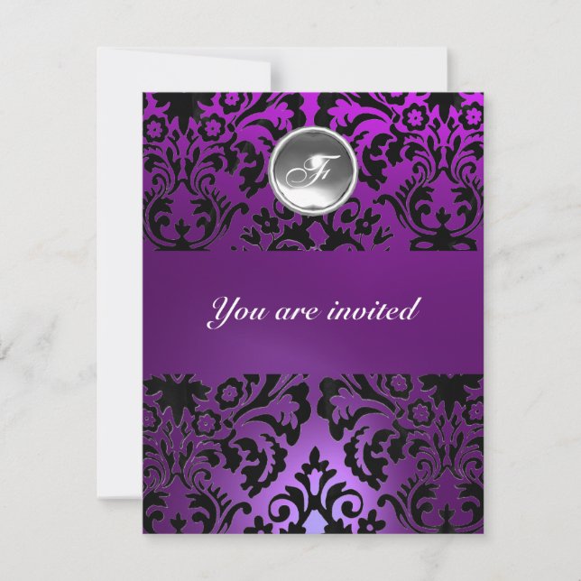 BLACK & PURPLE DAMASK GEM STONE MONOGRAM  ice Invitation (Front)