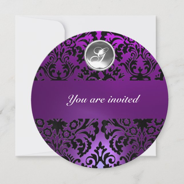 BLACK & PURPLE DAMASK GEM STONE MONOGRAM INVITATION (Front)