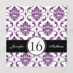 Black Purple Damask Sweet Sixteen Invitations