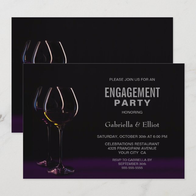Black Purple Engagement Party Wine Glass Invitation (Front/Back)