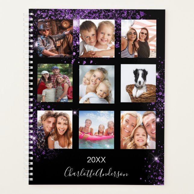 Black purple family photo collage monogram 2026 planner (Front)