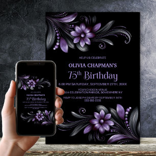 Black Purple Floral 75th Birthday Party Invitation