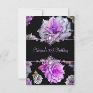 Black Purple Floral Birthday Party Pearl Image Invitation
