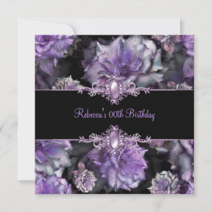 Black Purple Floral Birthday Party Pearl Image Invitation