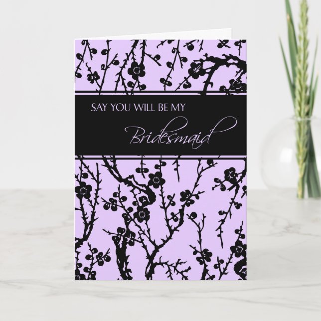 Black Purple Floral Bridesmaid Invitation Card (Front)