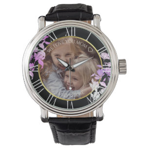 Black Purple Floral Custom Children Photo Template Watch