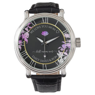 Black Purple Floral Custom Love Message Text Gold Watch