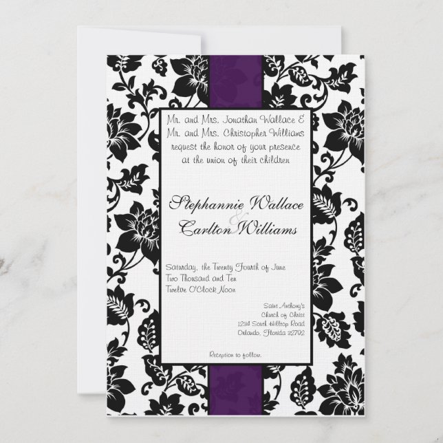 Black/Purple Floral Damask Wedding Invitation (Front)