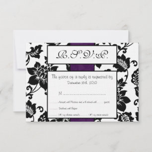Black/Purple Floral Damask Wedding RSVP Card