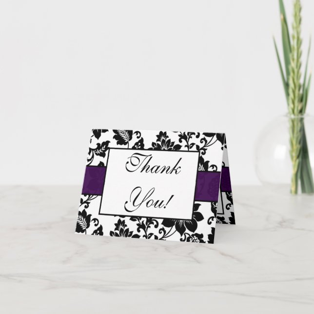 Black/Purple Floral Damask Wedding Thank You Card (Front)