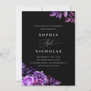 Black & Purple floral   Elegant Gothic Wedding Invitation