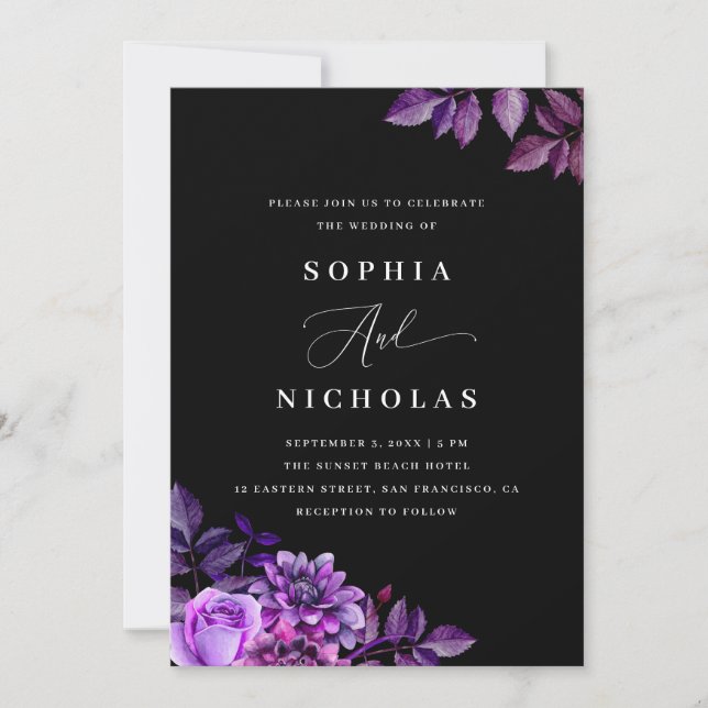 Black & Purple floral - Elegant Gothic Wedding Invitation (Front)