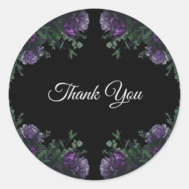 Black Purple Floral Elegant Wedding Gothic Classic Round Sticker (Front)